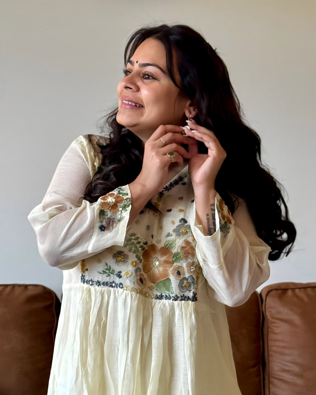 Dhwani wearing ivory mul chanderi floral embroidered anarkali suit with matching dupatta – Go Desi Canada