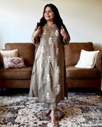 Dhwani wearing premium cotton brown suit with white thread embroidery and matching dupatta – Go Desi Canada