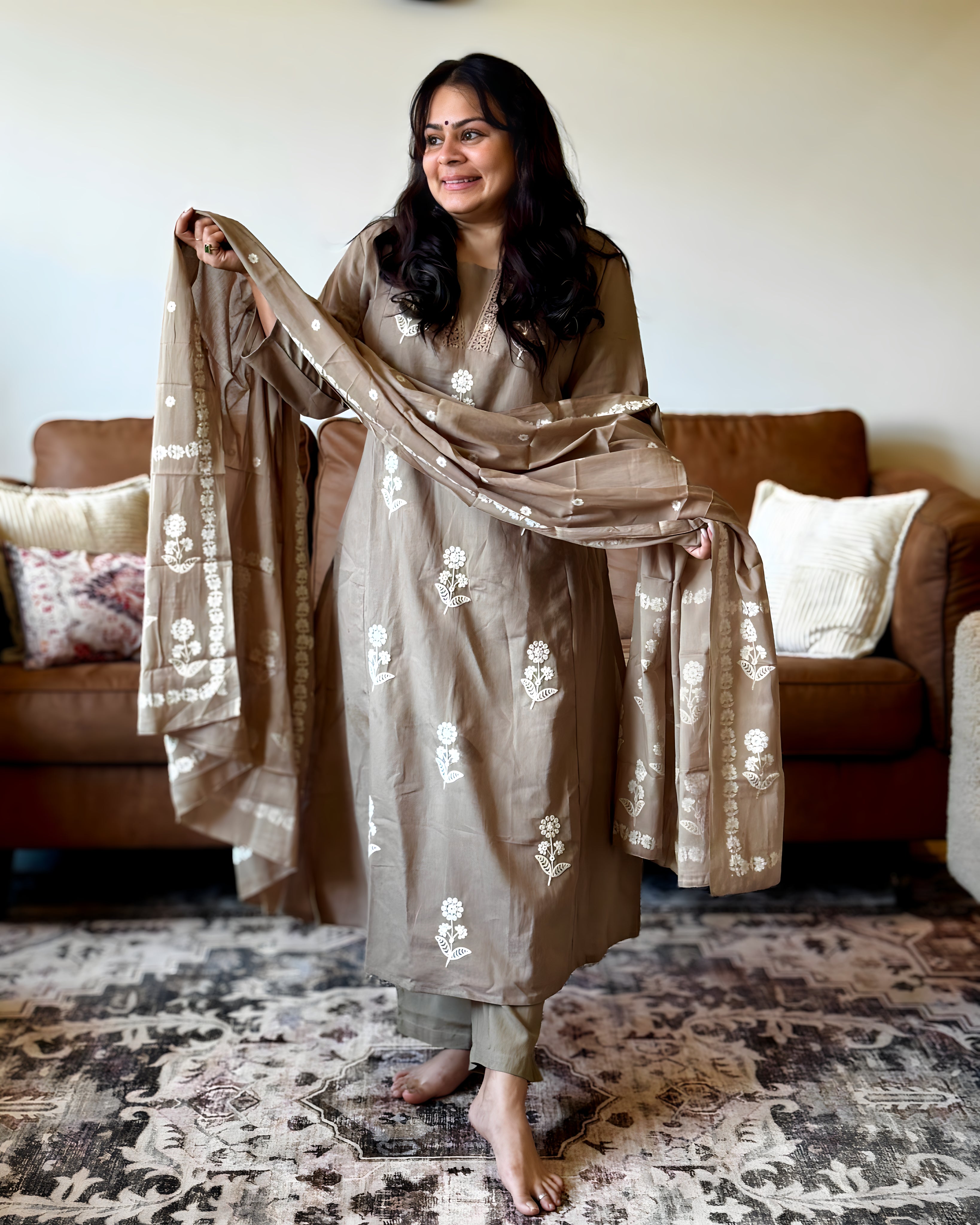 Dhwani wearing premium cotton brown suit with white thread embroidery and matching dupatta – Go Desi Canada