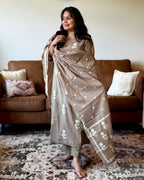 Dhwani wearing premium cotton brown suit with white thread embroidery and matching dupatta – Go Desi Canada