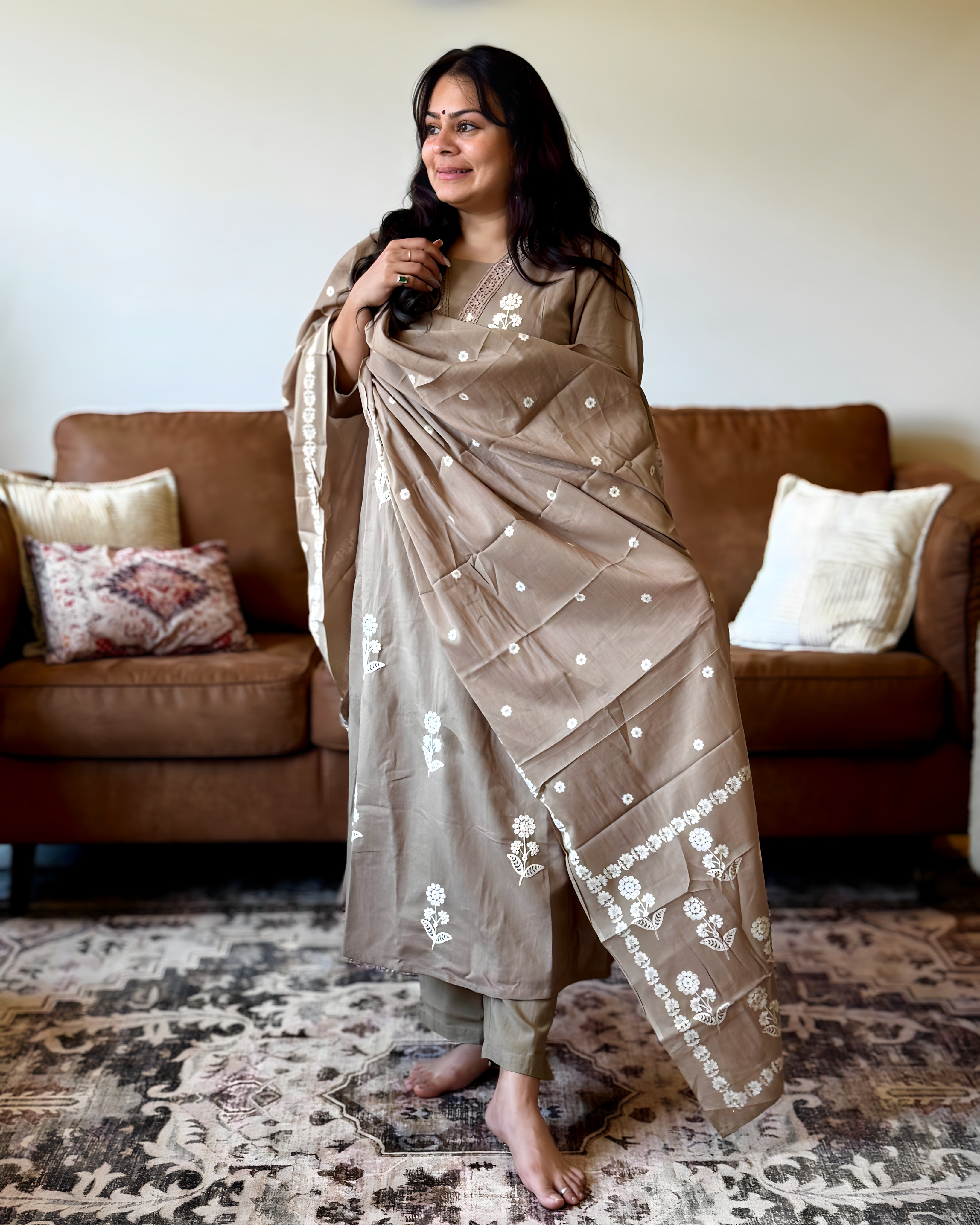 Dhwani wearing premium cotton brown suit with white thread embroidery and matching dupatta – Go Desi Canada