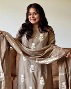 Dhwani wearing premium cotton brown suit with white thread embroidery and matching dupatta – Go Desi Canada