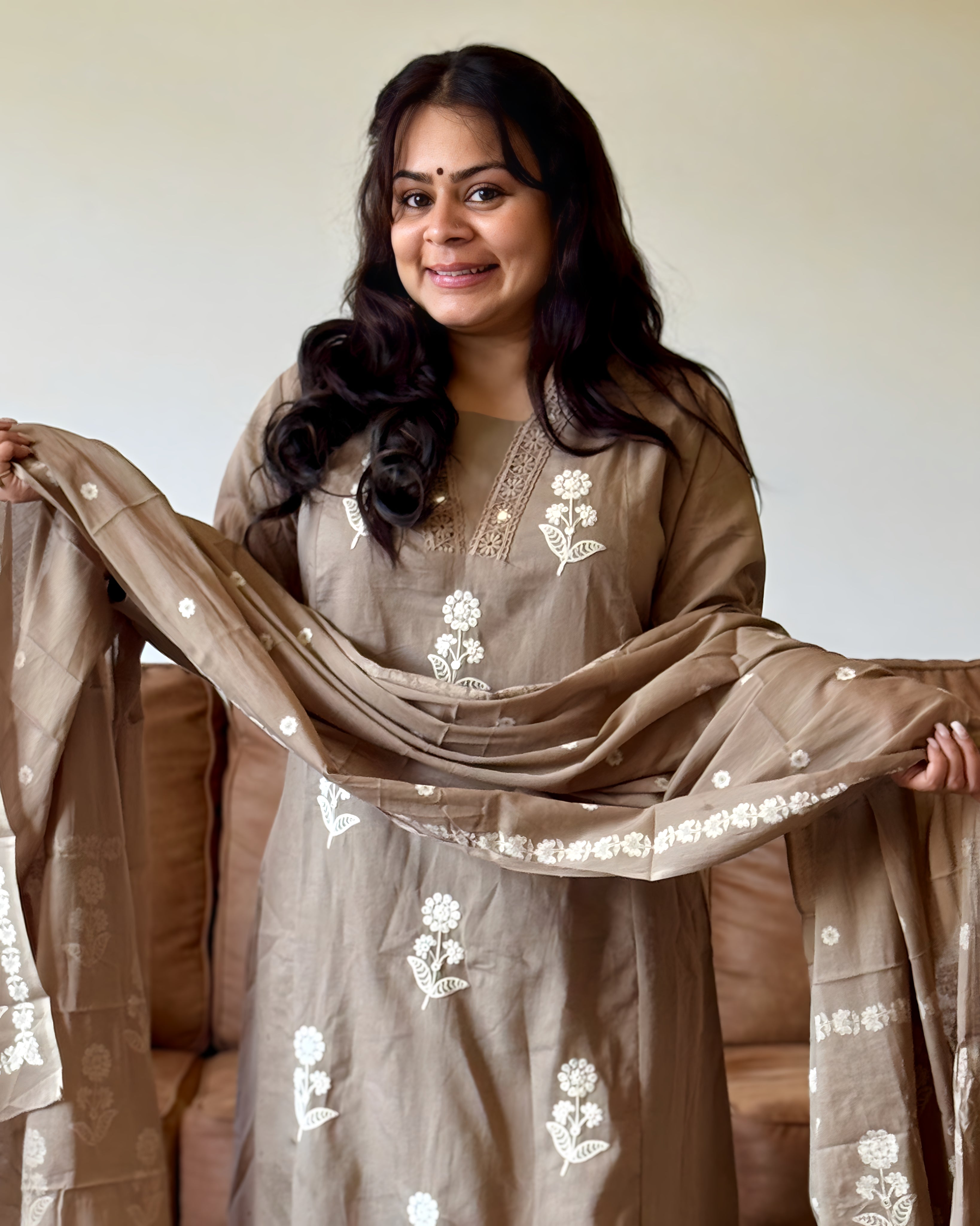 Dhwani wearing premium cotton brown suit with white thread embroidery and matching dupatta – Go Desi Canada