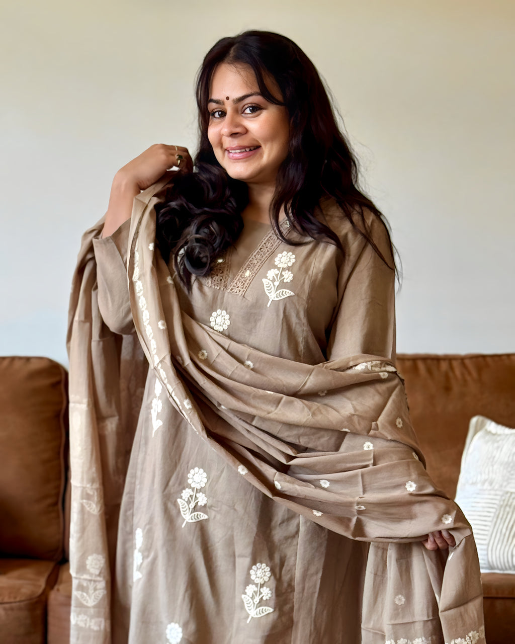 Dhwani wearing premium cotton brown suit with white thread embroidery and matching dupatta – Go Desi Canada