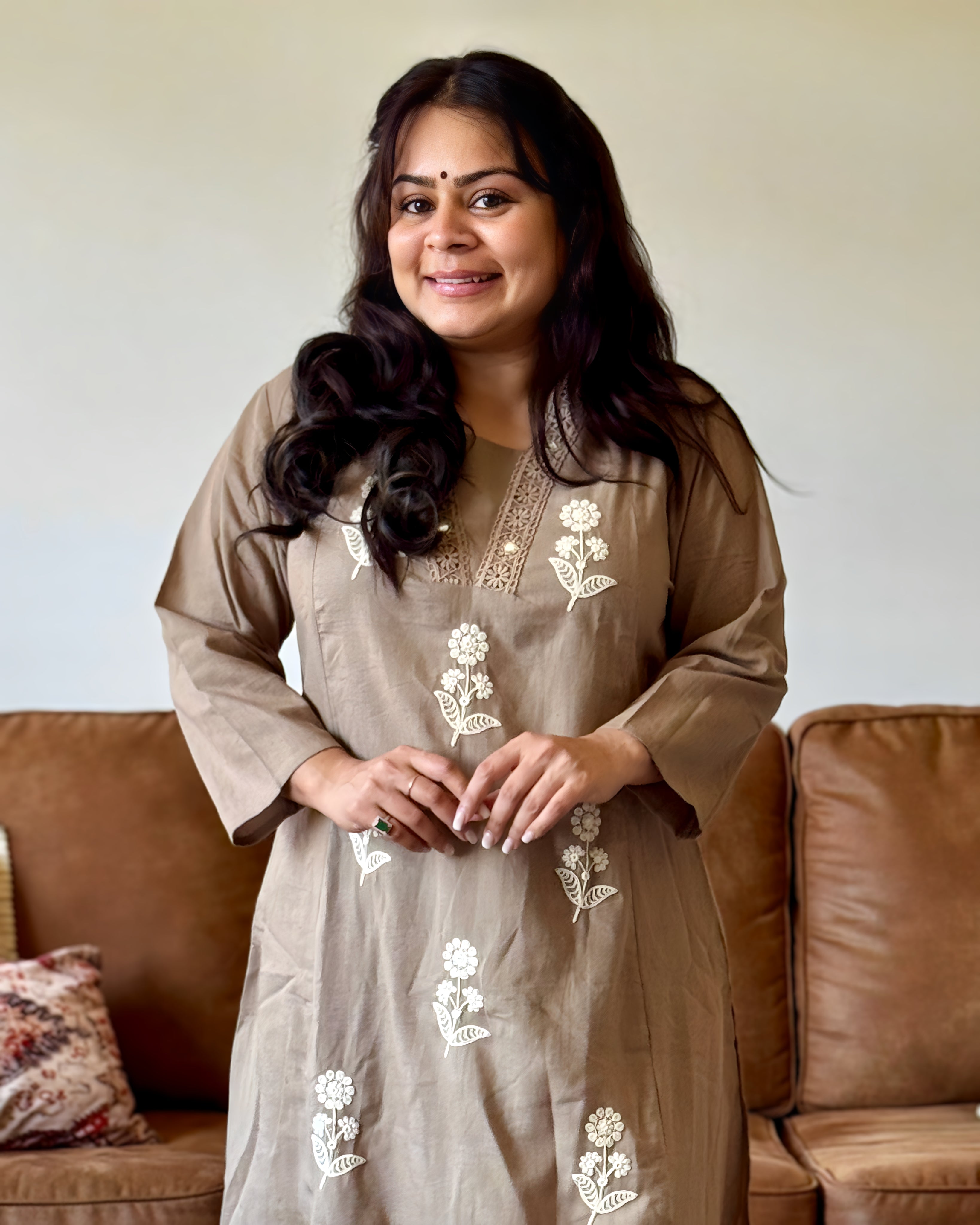 Dhwani wearing premium cotton brown suit with white thread embroidery and matching dupatta – Go Desi Canada