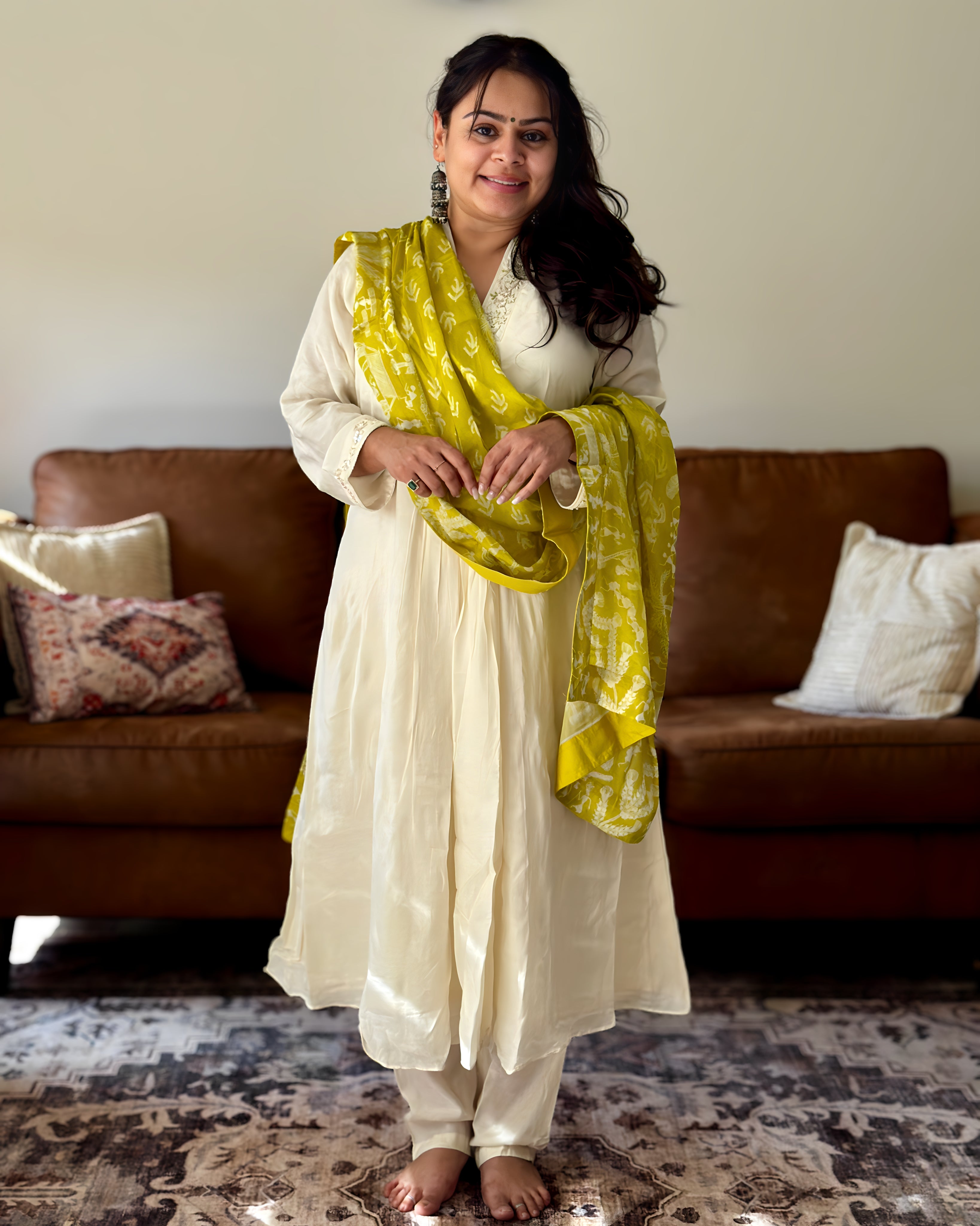 Dhwani wearing ivory mul chanderi suit with green ikat dupatta – Go Desi Canada