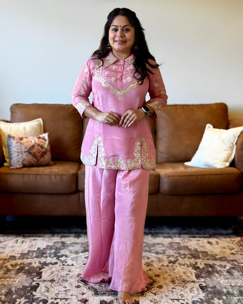 Dhwani wearing premium Russian silk pink short kurta with gota embroidery and matching palazzo – Go Desi