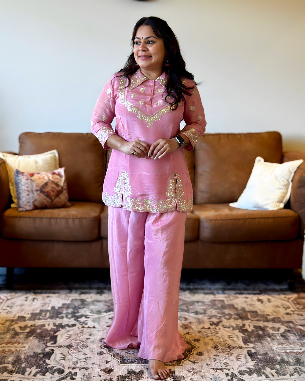 Dhwani wearing premium Russian silk pink short kurta with gota embroidery and matching palazzo – Go Desi