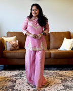 Dhwani wearing premium Russian silk pink short kurta with gota embroidery and matching palazzo – Go Desi