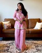 Dhwani wearing premium Russian silk pink short kurta with gota embroidery and matching palazzo – Go Desi