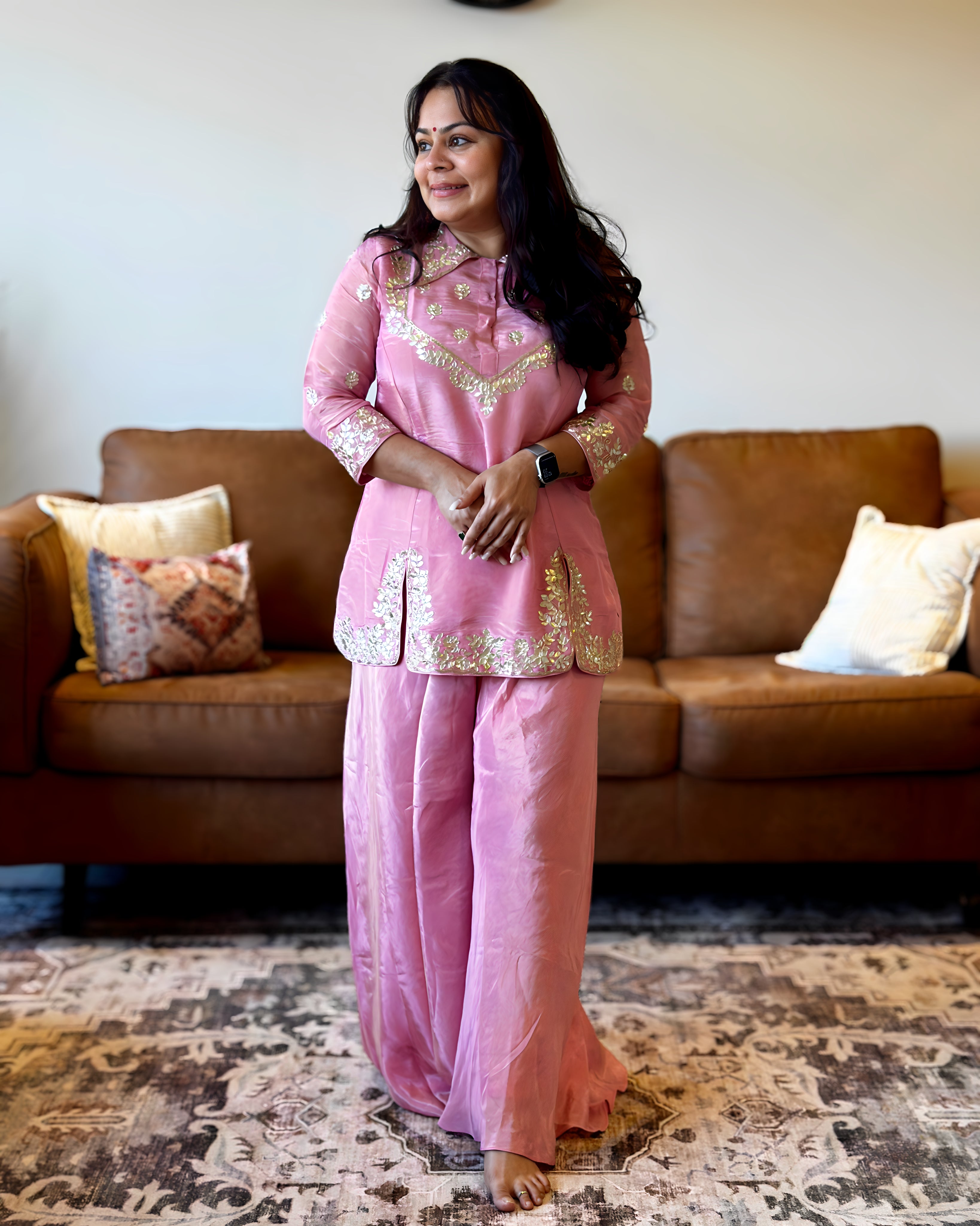 Dhwani wearing premium Russian silk pink short kurta with gota embroidery and matching palazzo – Go Desi