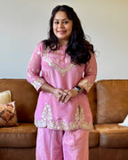 Close-up of gota embroidery on premium pink Russian silk kurta – Go Desi ethnic wear Canada