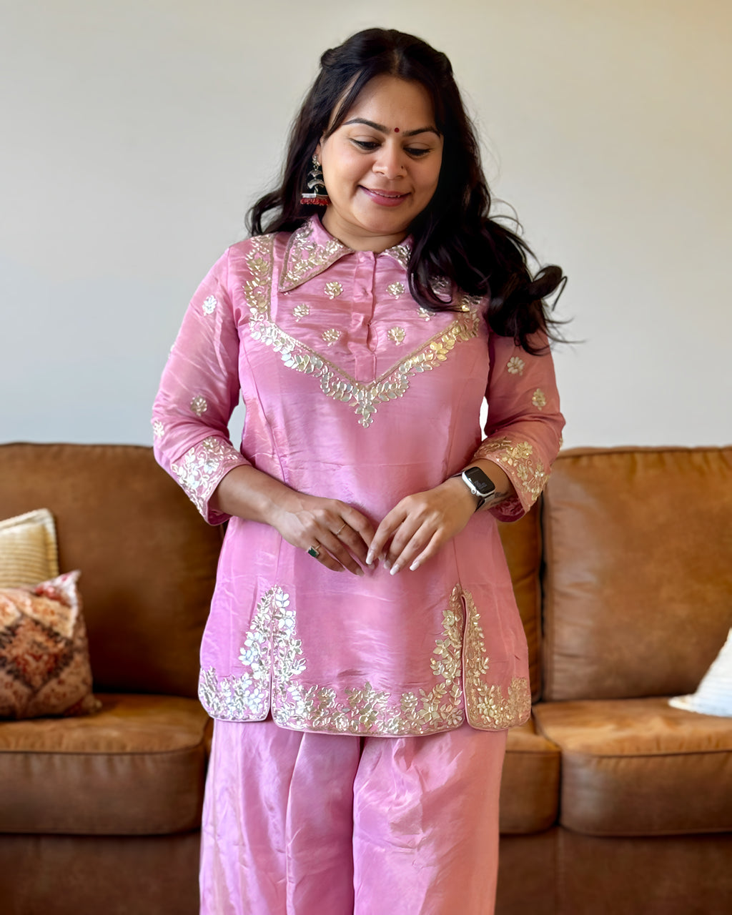 Close-up of gota embroidery on premium pink Russian silk kurta – Go Desi ethnic wear Canada