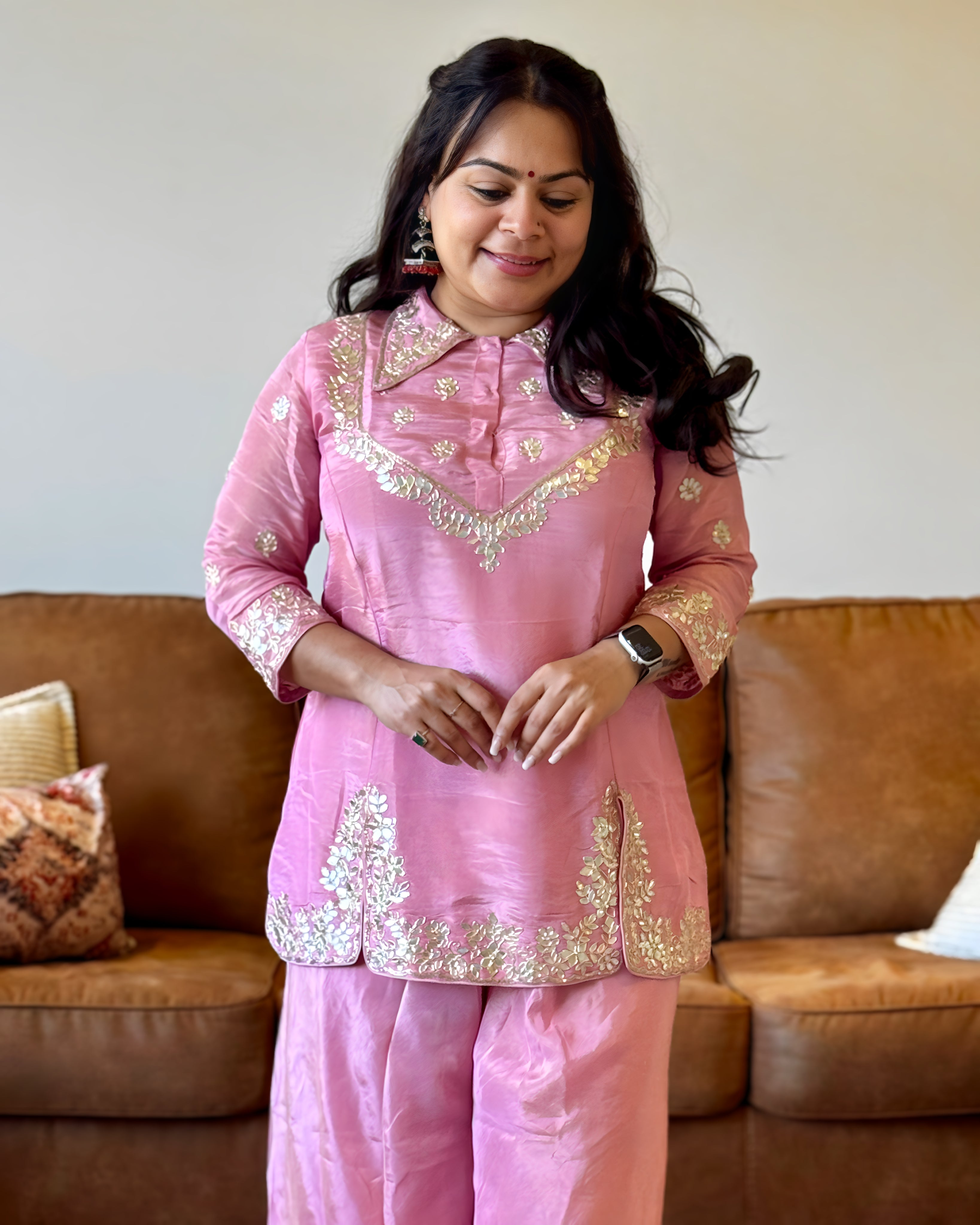 Close-up of gota embroidery on premium pink Russian silk kurta – Go Desi ethnic wear Canada