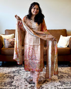 Dhwani wearing premium glass tissue pink paisley printed suit with embroidered neckline – Go Desi Canada