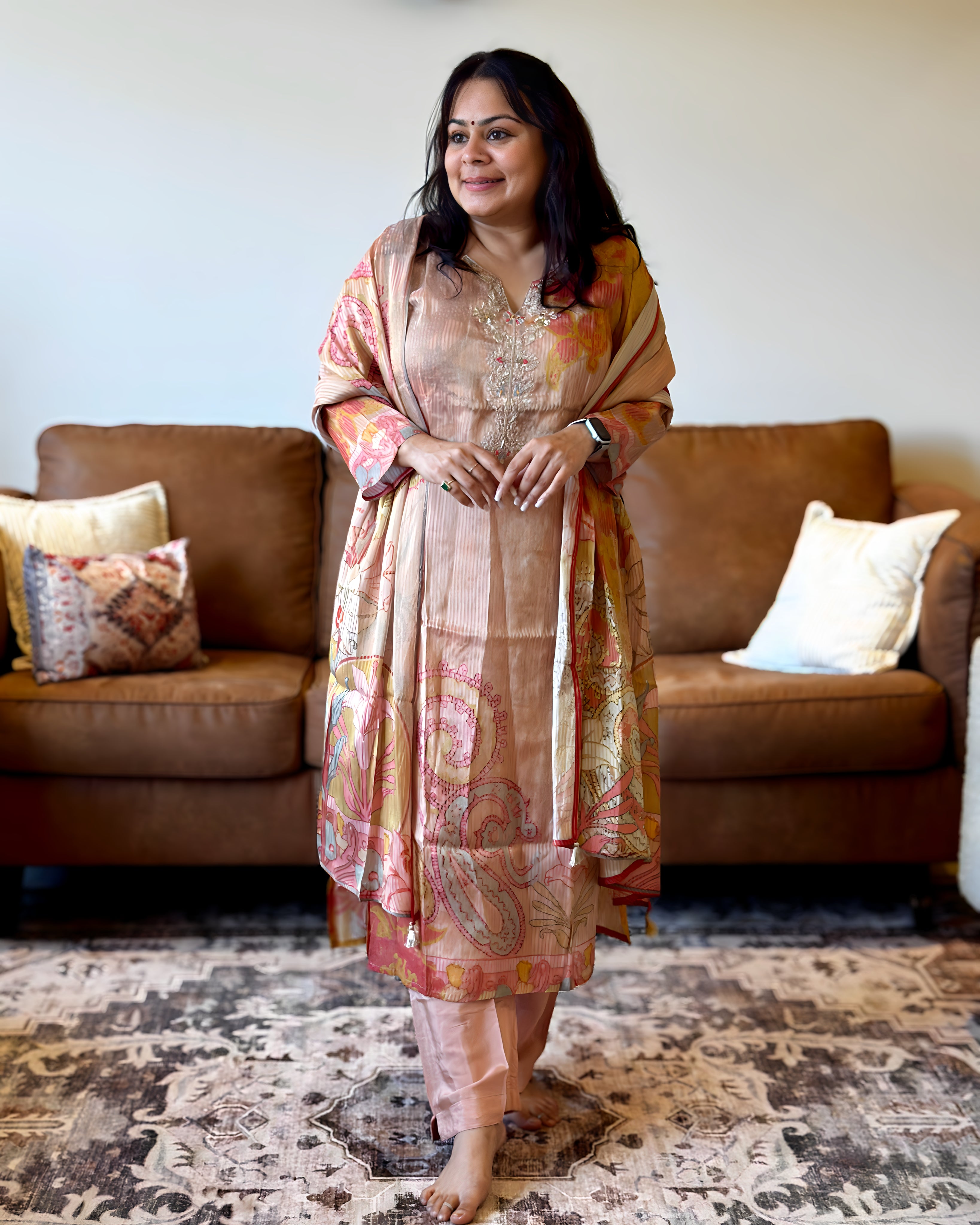Dhwani wearing premium glass tissue pink paisley printed suit with embroidered neckline – Go Desi Canada