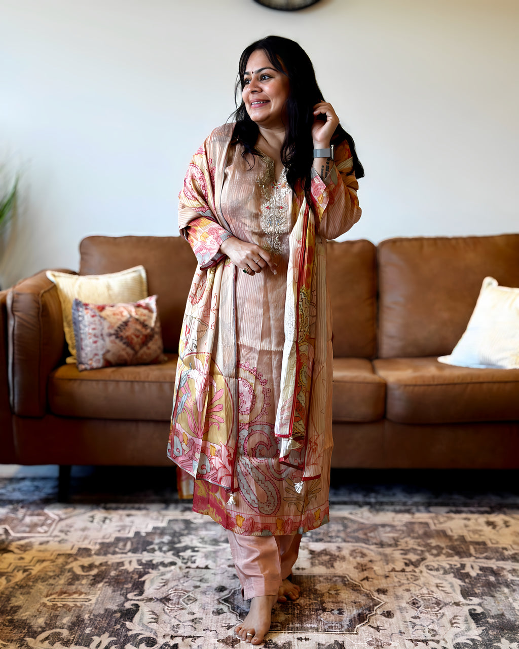 Dhwani wearing premium glass tissue pink paisley printed suit with embroidered neckline – Go Desi Canada