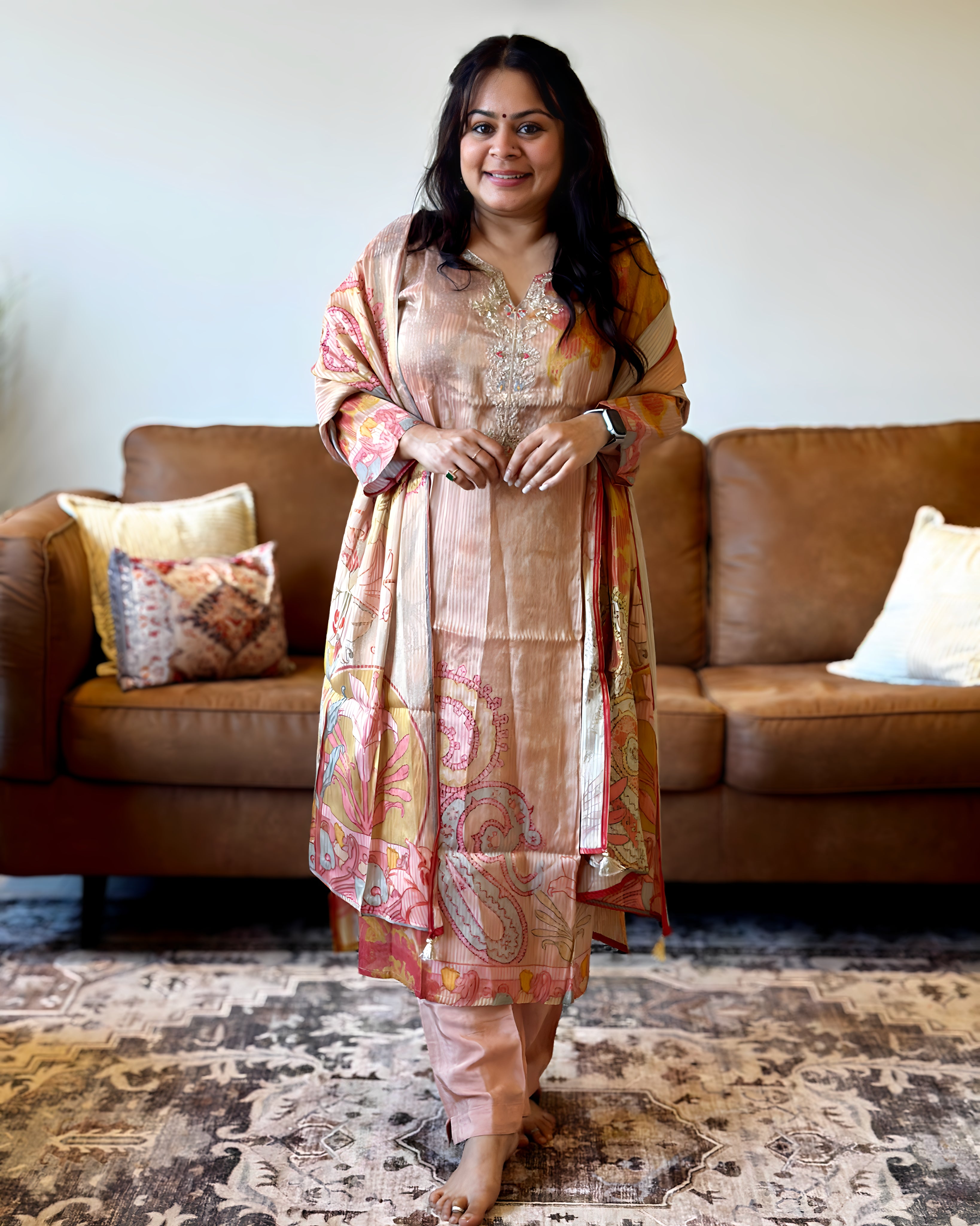 Dhwani wearing premium glass tissue pink paisley printed suit with embroidered neckline – Go Desi Canada