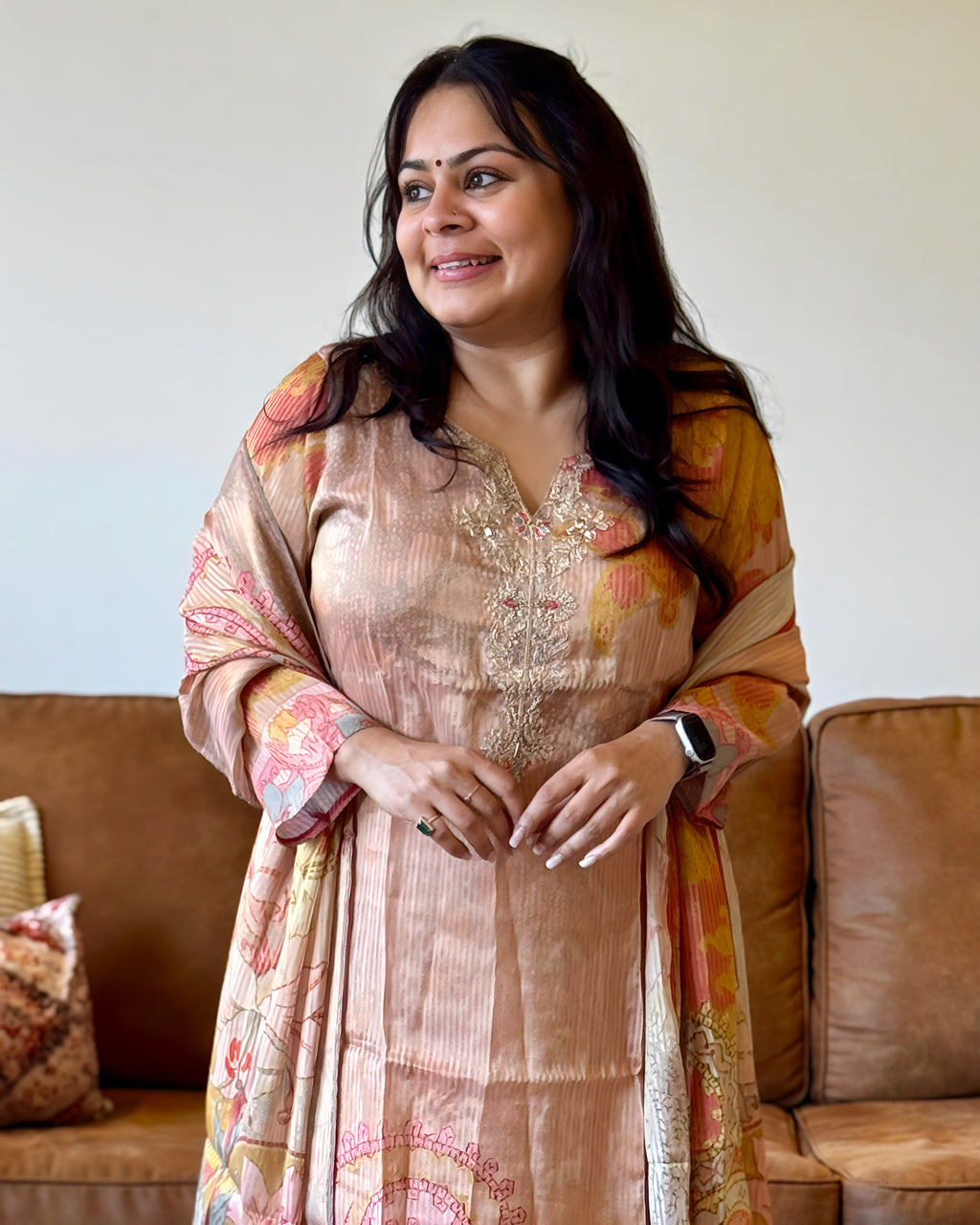 Dhwani wearing premium glass tissue pink paisley printed suit with embroidered neckline – Go Desi Canada