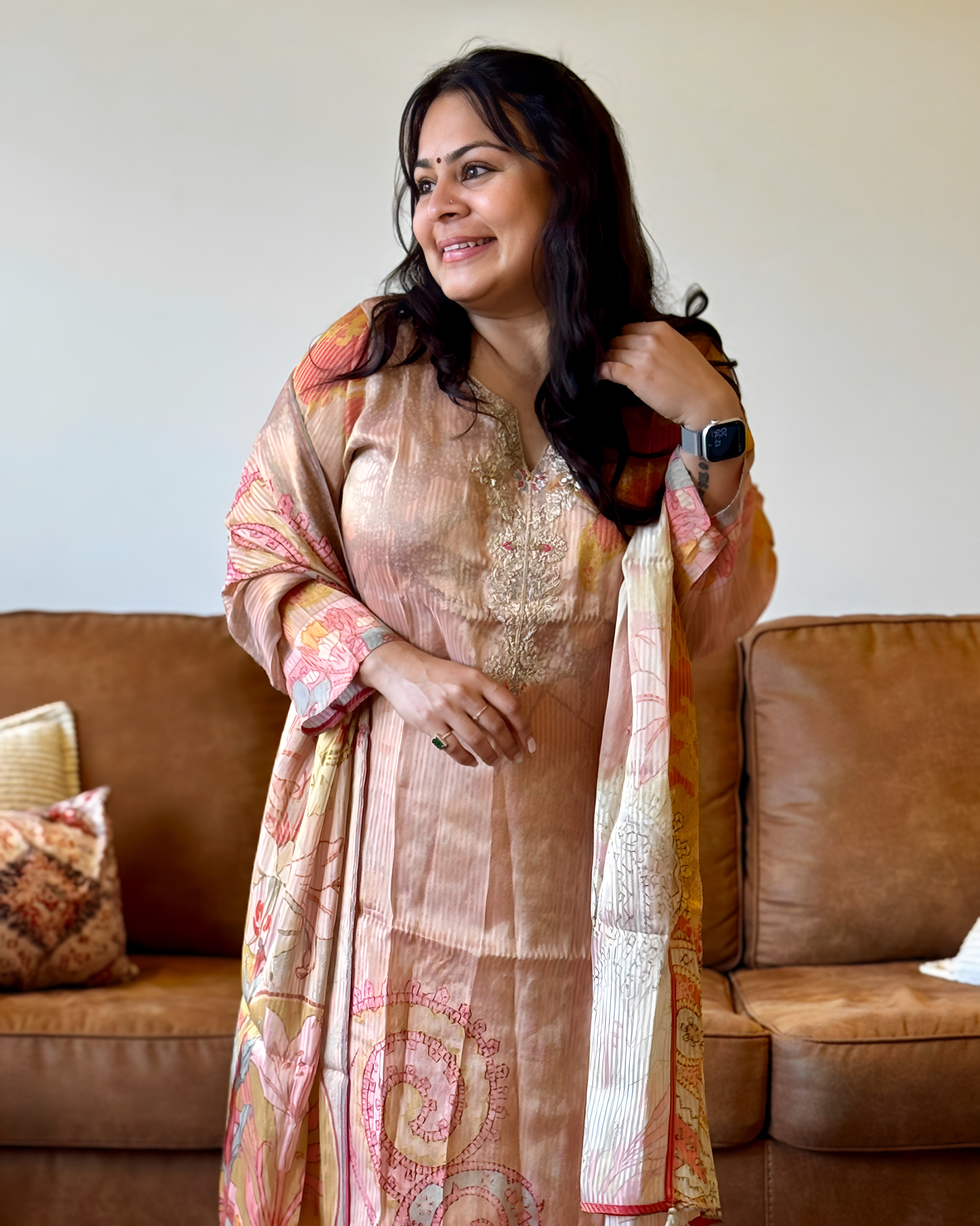 Dhwani wearing premium glass tissue pink paisley printed suit with embroidered neckline – Go Desi Canada