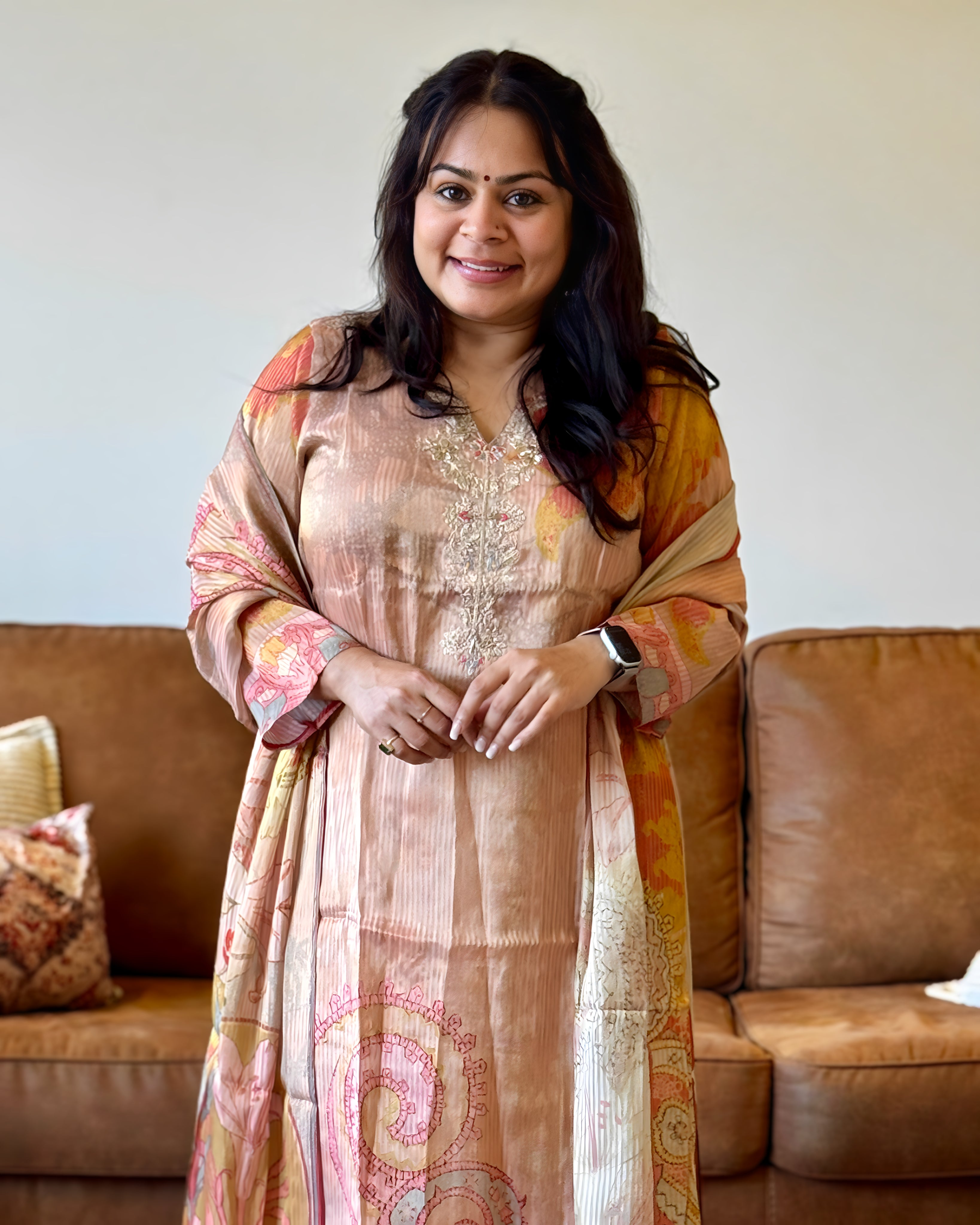 Dhwani wearing premium glass tissue pink paisley printed suit with embroidered neckline – Go Desi Canada
