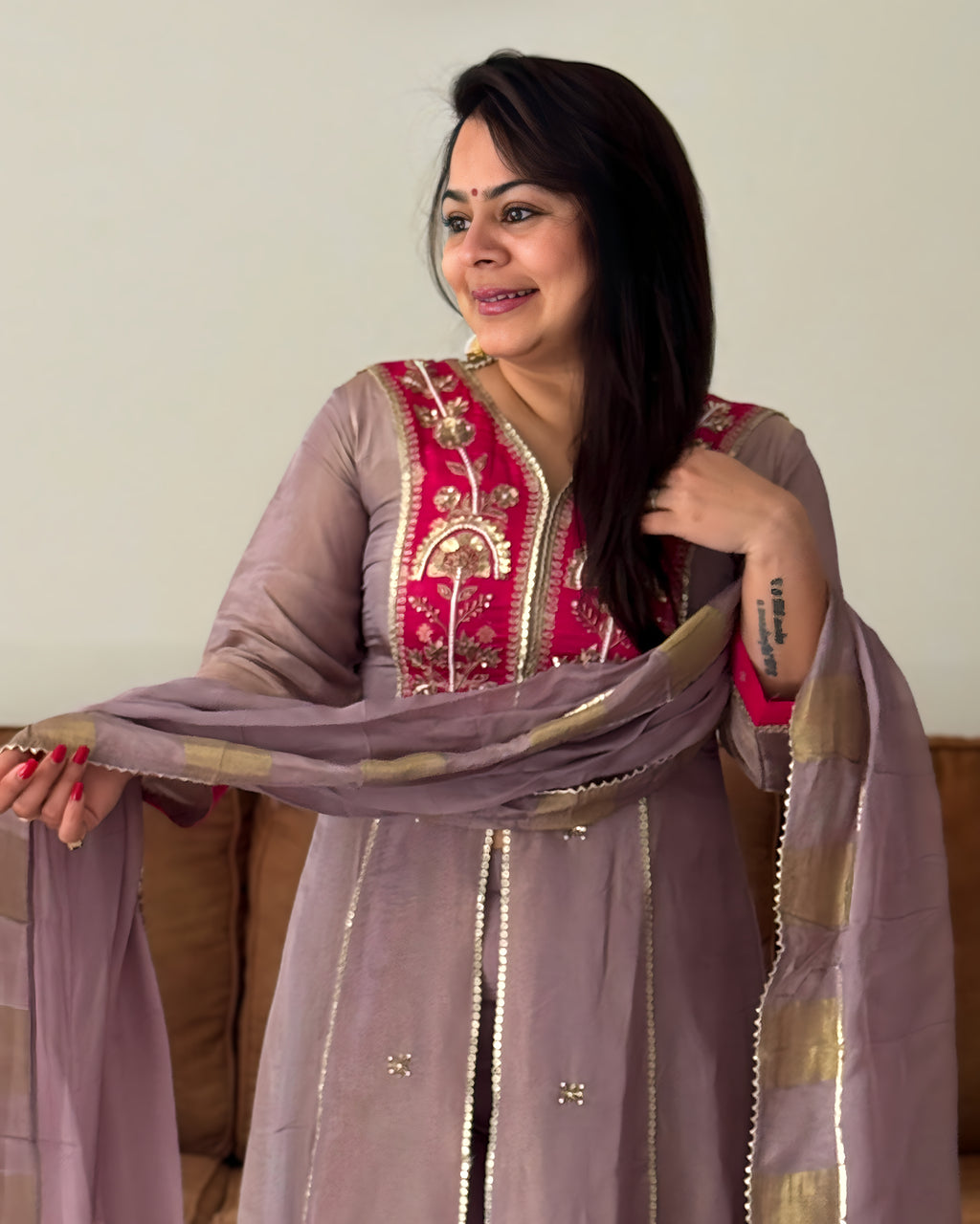 Dhwani wearing Purple Shimmer Split available in Canada and USA