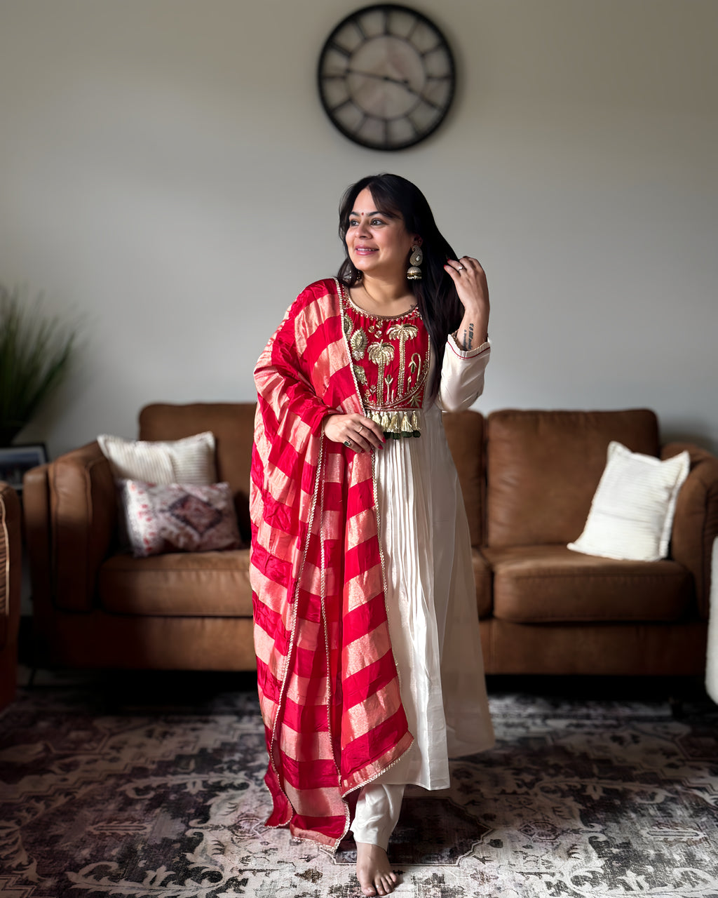 Dhwani wearing premium ivory silk anarkali suit with red embroidered yoke and banarasi dupatta – Go Desi Canada