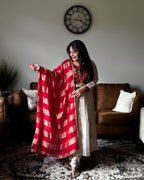 Dhwani wearing premium ivory silk anarkali suit with red embroidered yoke and banarasi dupatta – Go Desi Canada