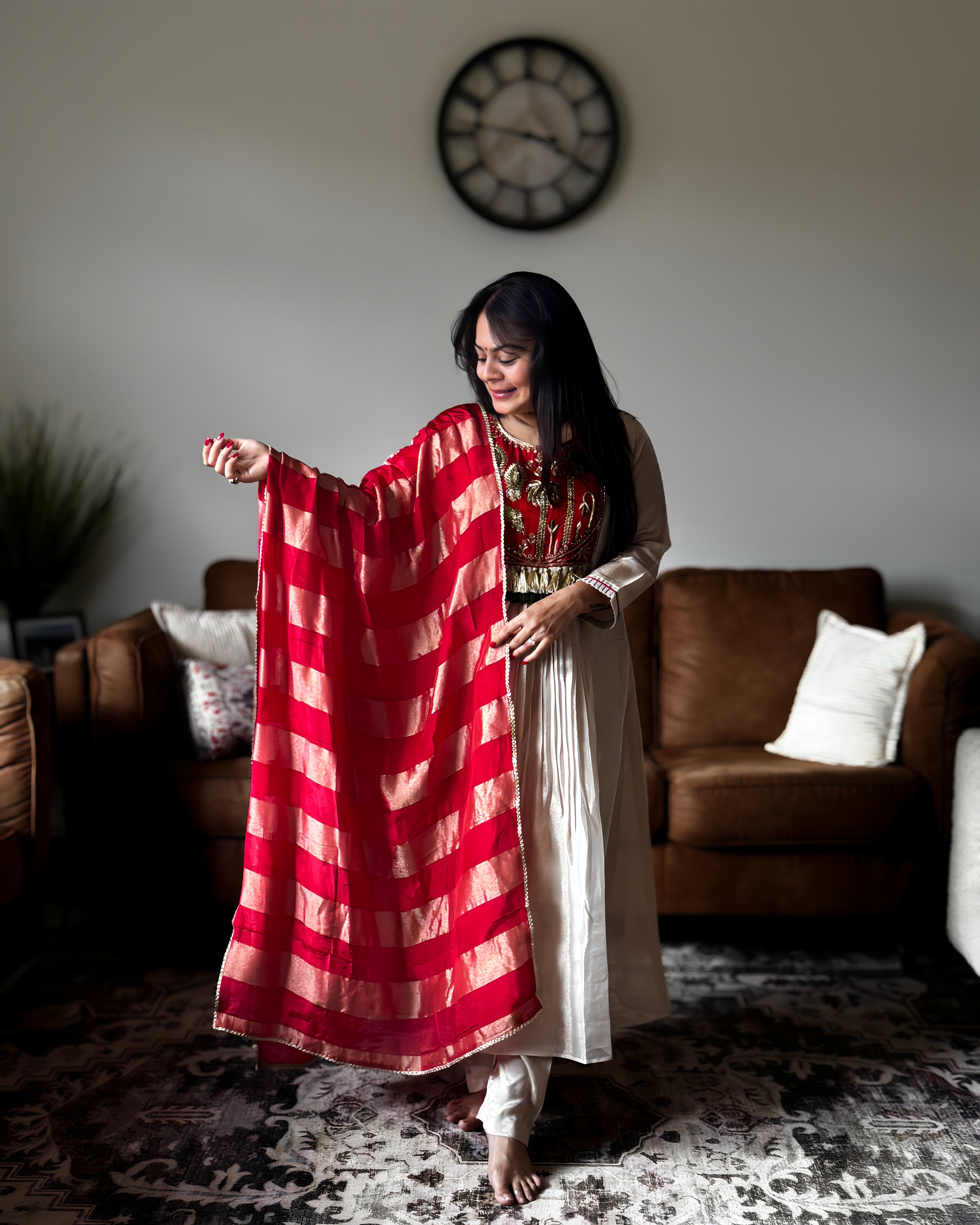 Dhwani wearing premium ivory silk anarkali suit with red embroidered yoke and banarasi dupatta – Go Desi Canada