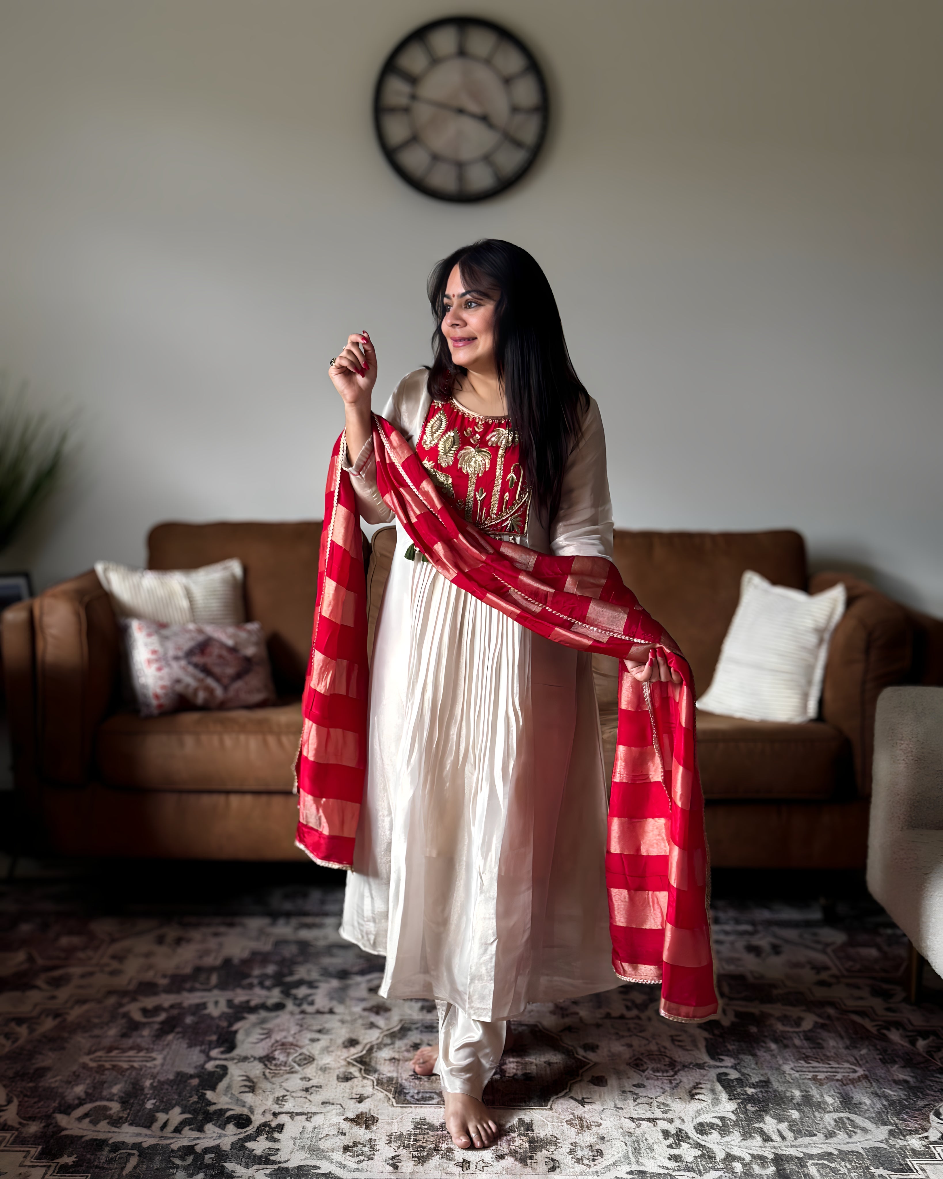 Dhwani wearing premium ivory silk anarkali suit with red embroidered yoke and banarasi dupatta – Go Desi Canada