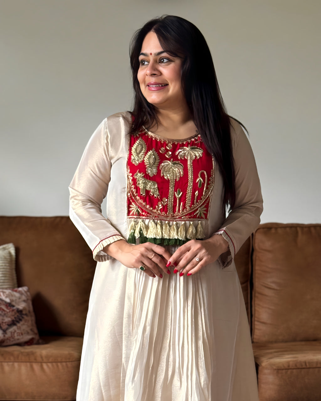 Dhwani wearing premium ivory silk anarkali suit with red embroidered yoke and banarasi dupatta – Go Desi Canada