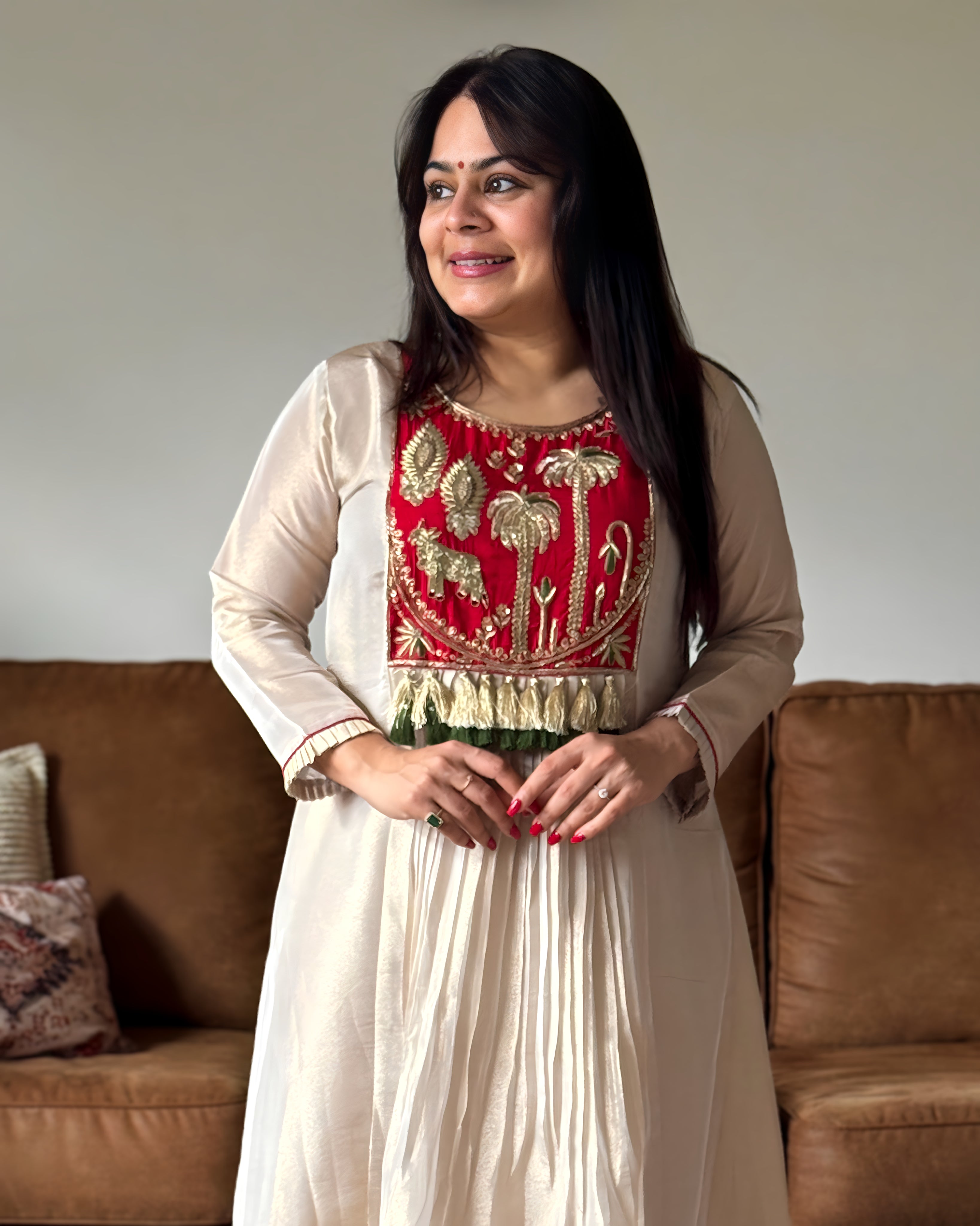 Dhwani wearing premium ivory silk anarkali suit with red embroidered yoke and banarasi dupatta – Go Desi Canada