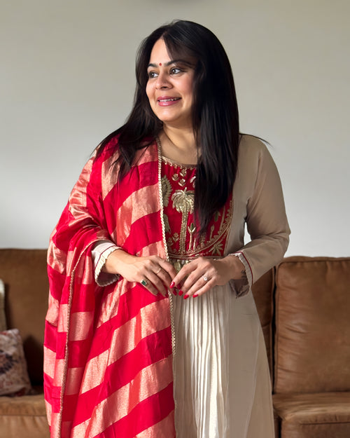 Dhwani wearing premium ivory silk anarkali suit with red embroidered yoke and banarasi dupatta – Go Desi Canada