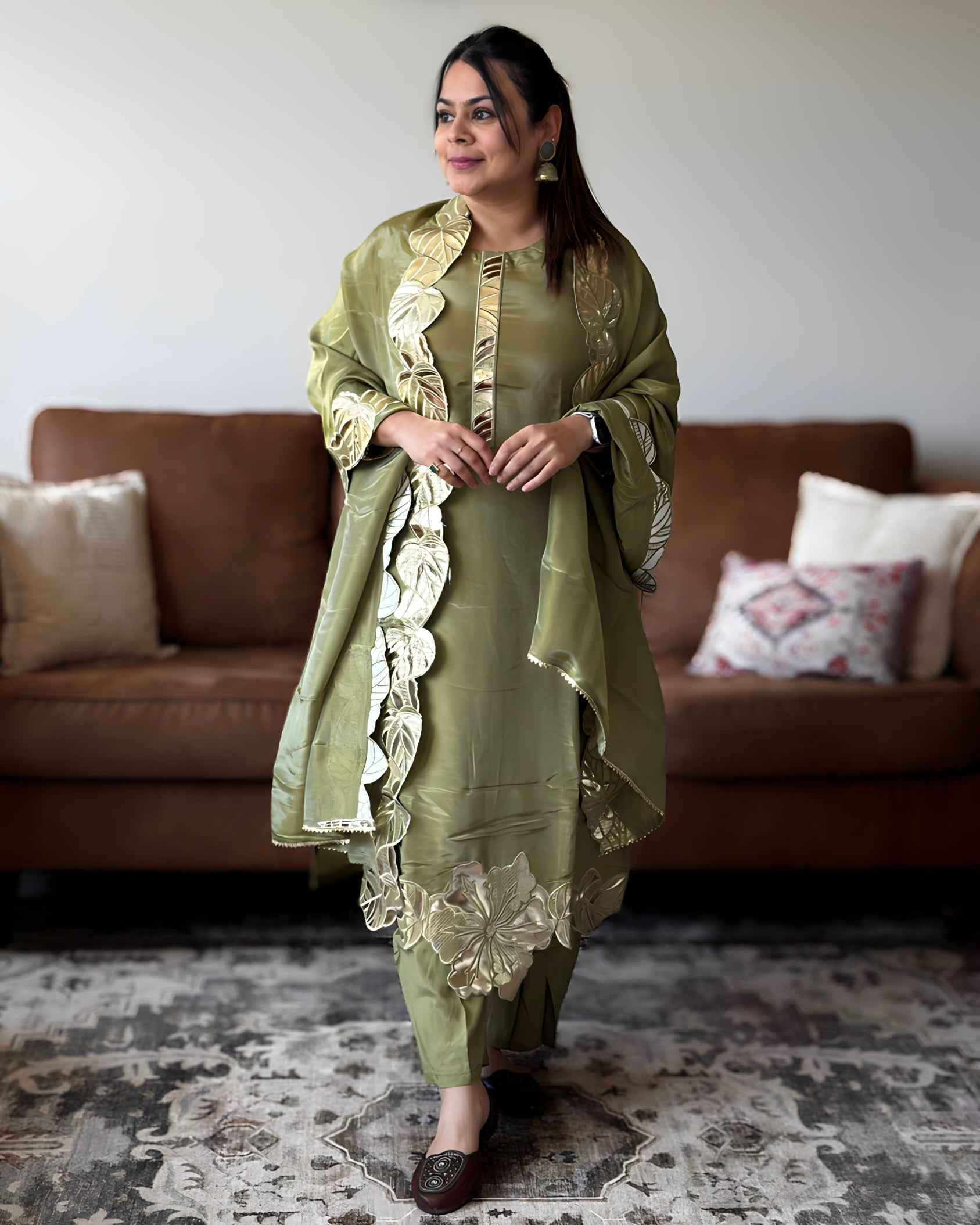 Sage Green Leather Potli Bag with Round Glass Tissue Design
