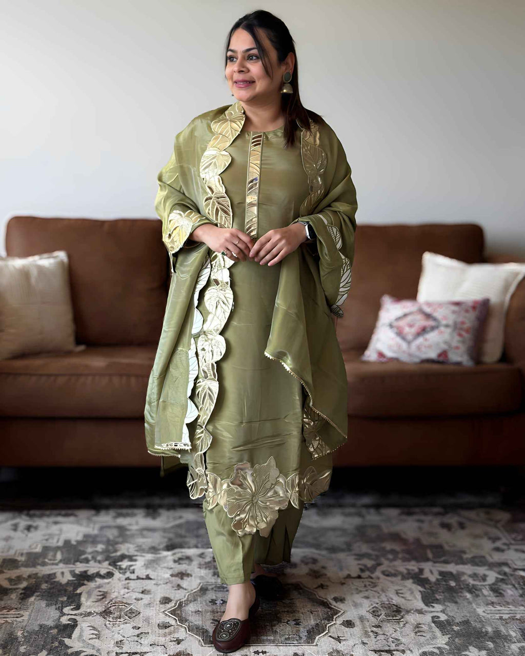 Sage Green Leather Potli Bag with Round Glass Tissue Design