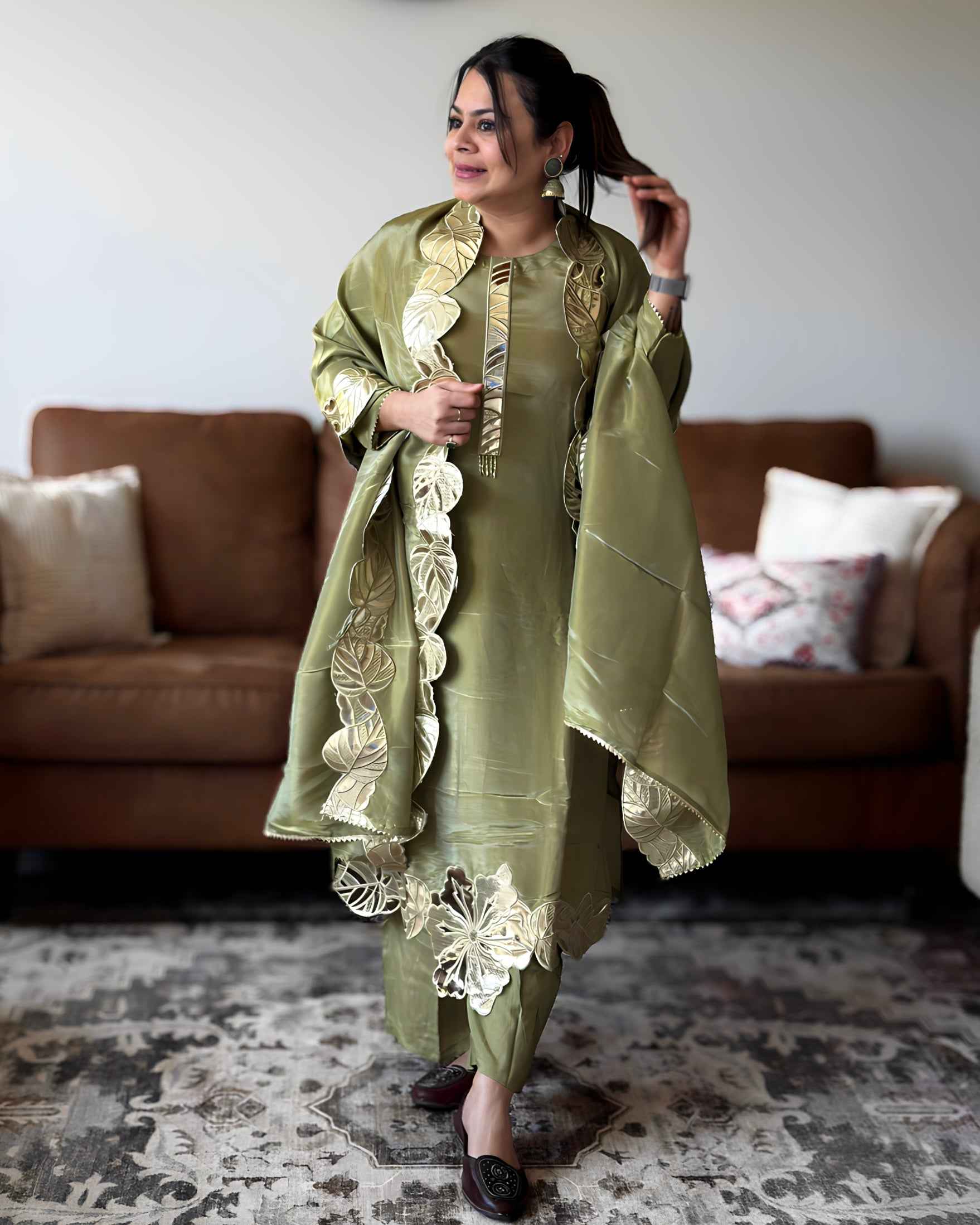 Sage Green Leather Potli Bag with Round Glass Tissue Design
