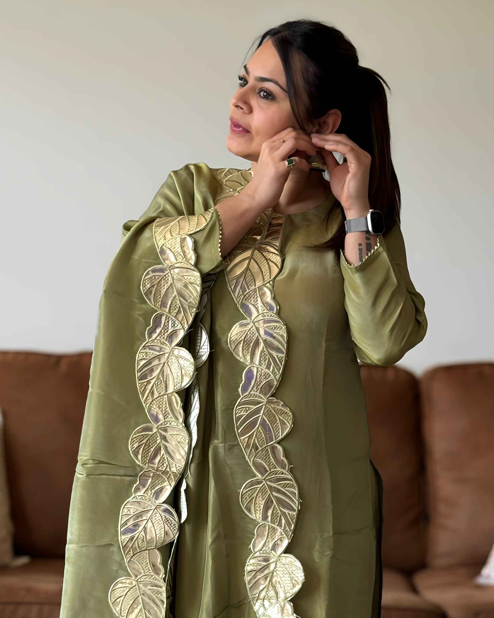 Sage Green Leather Potli Bag with Round Glass Tissue Design