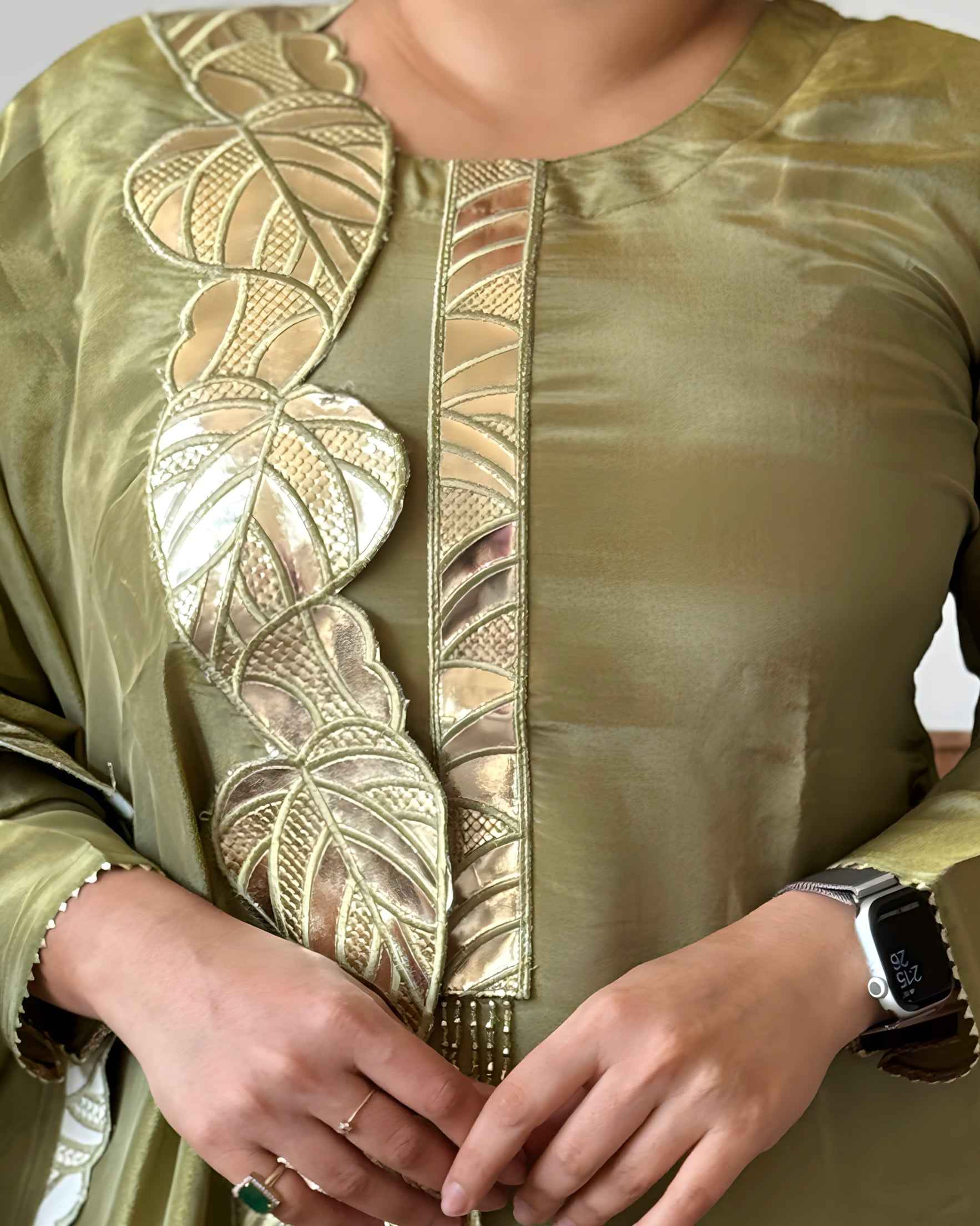 Sage Green Leather Potli Bag with Round Glass Tissue Design