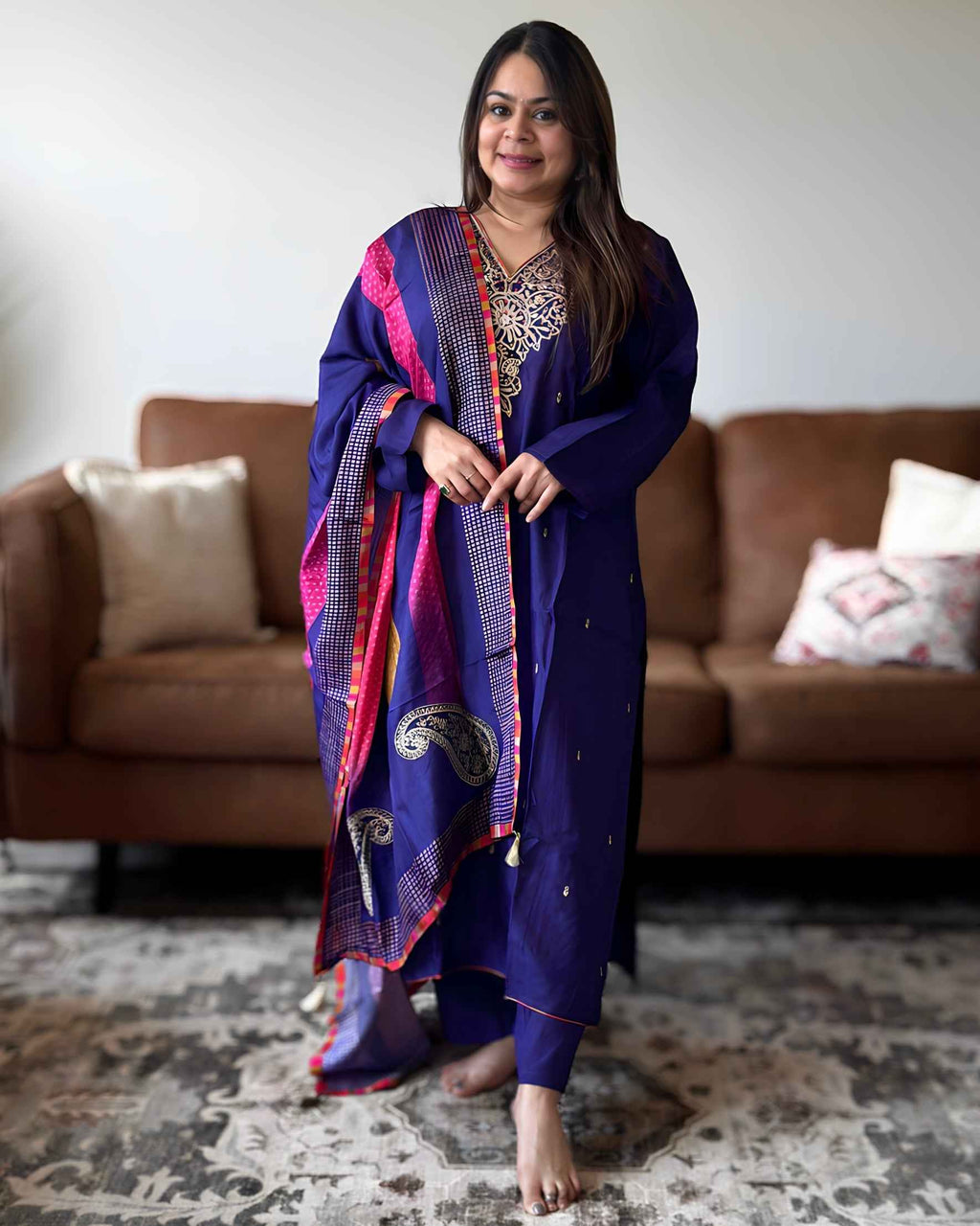 Purple Golden Work Russian Silk A-Line Kurta Set with Banarasi Dupatta | V-Neck Festive Wear