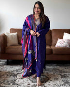 Purple Golden Work Russian Silk A-Line Kurta Set with Banarasi Dupatta | V-Neck Festive Wear