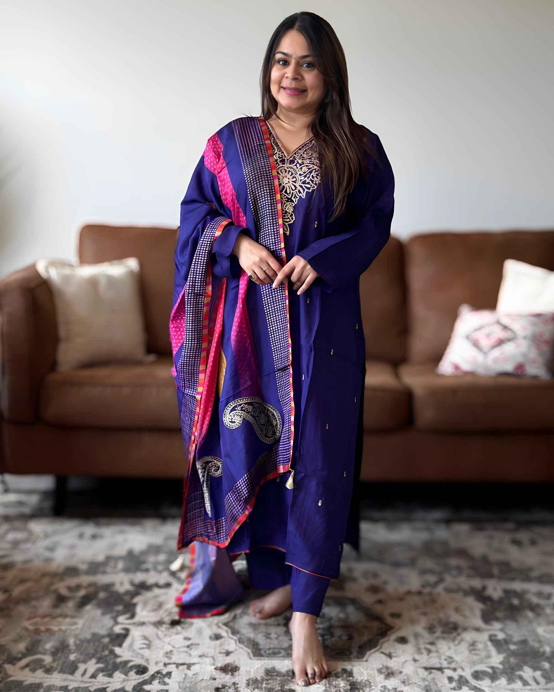 Purple Golden Work Russian Silk A-Line Kurta Set with Banarasi Dupatta | V-Neck Festive Wear