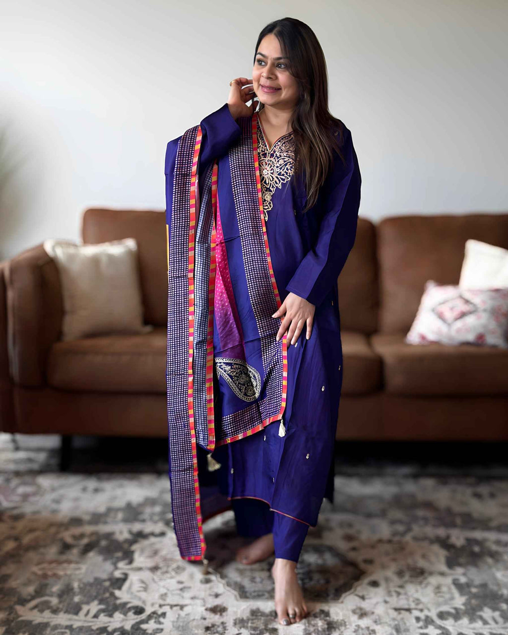 Purple Golden Work Russian Silk A-Line Kurta Set with Banarasi Dupatta | V-Neck Festive Wear