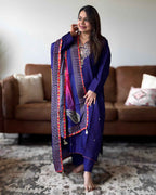 Purple Golden Work Russian Silk A-Line Kurta Set with Banarasi Dupatta | V-Neck Festive Wear