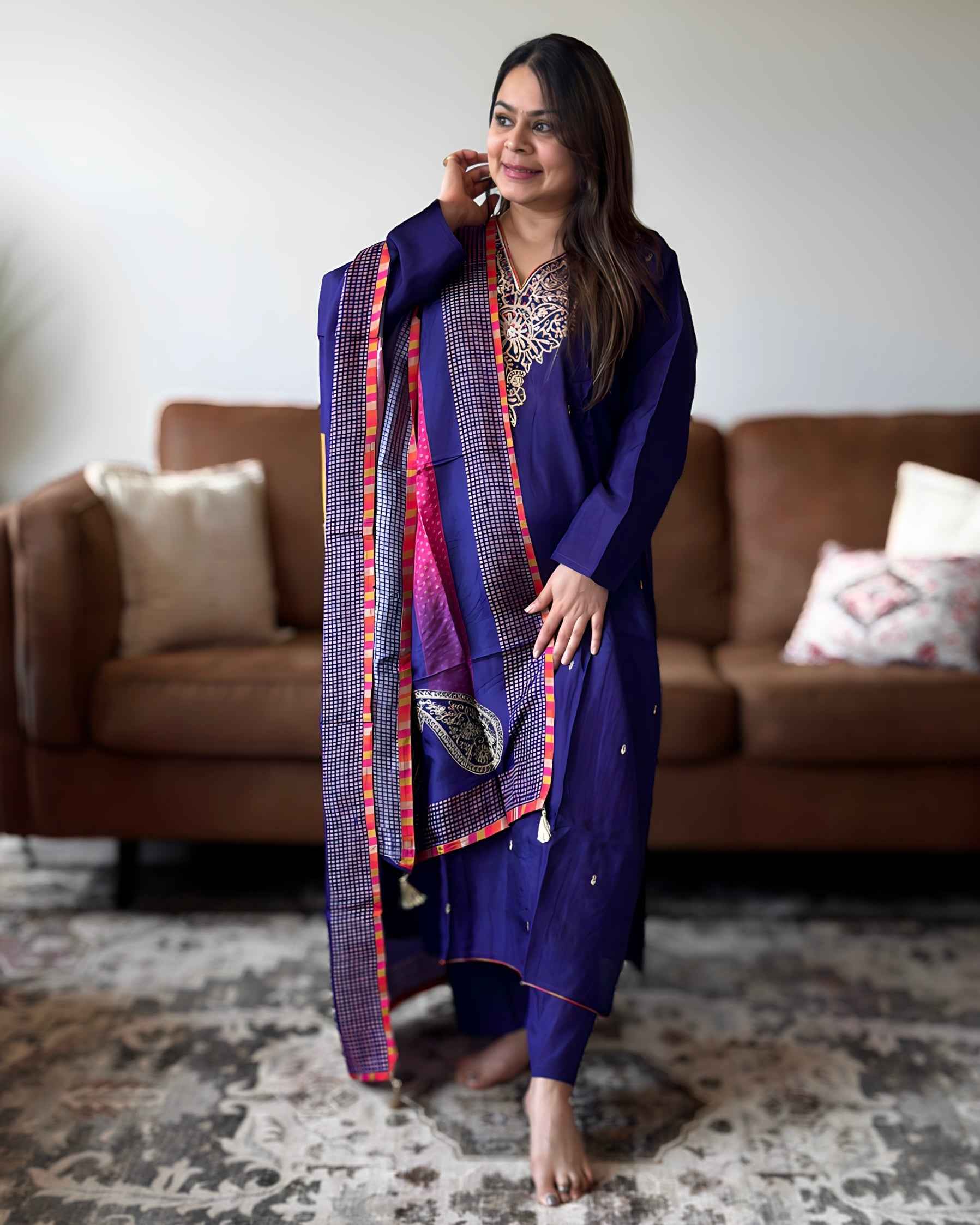 Purple Golden Work Russian Silk A-Line Kurta Set with Banarasi Dupatta | V-Neck Festive Wear