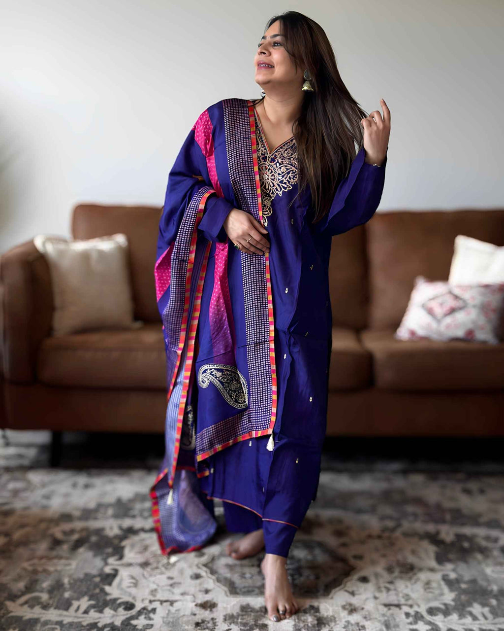 Purple Golden Work Russian Silk A-Line Kurta Set with Banarasi Dupatta | V-Neck Festive Wear
