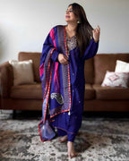 Purple Golden Work Russian Silk A-Line Kurta Set with Banarasi Dupatta | V-Neck Festive Wear