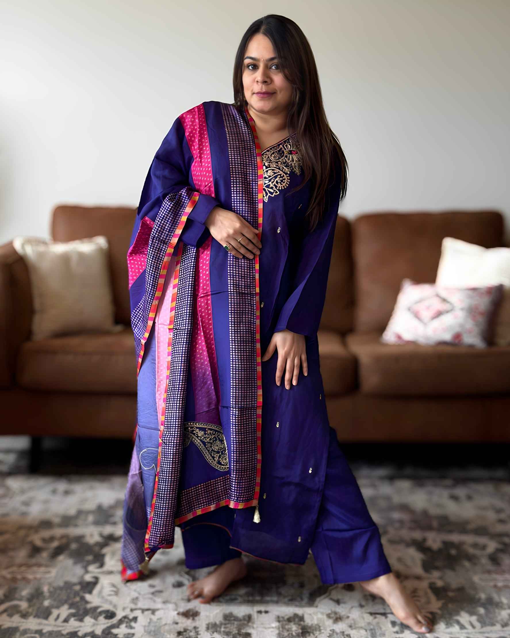 Purple Golden Work Russian Silk A-Line Kurta Set with Banarasi Dupatta | V-Neck Festive Wear