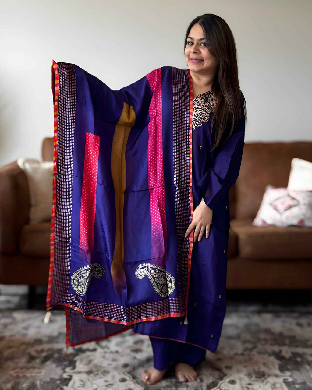 Purple Golden Work Russian Silk A-Line Kurta Set with Banarasi Dupatta | V-Neck Festive Wear