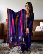 Purple Golden Work Russian Silk A-Line Kurta Set with Banarasi Dupatta | V-Neck Festive Wear
