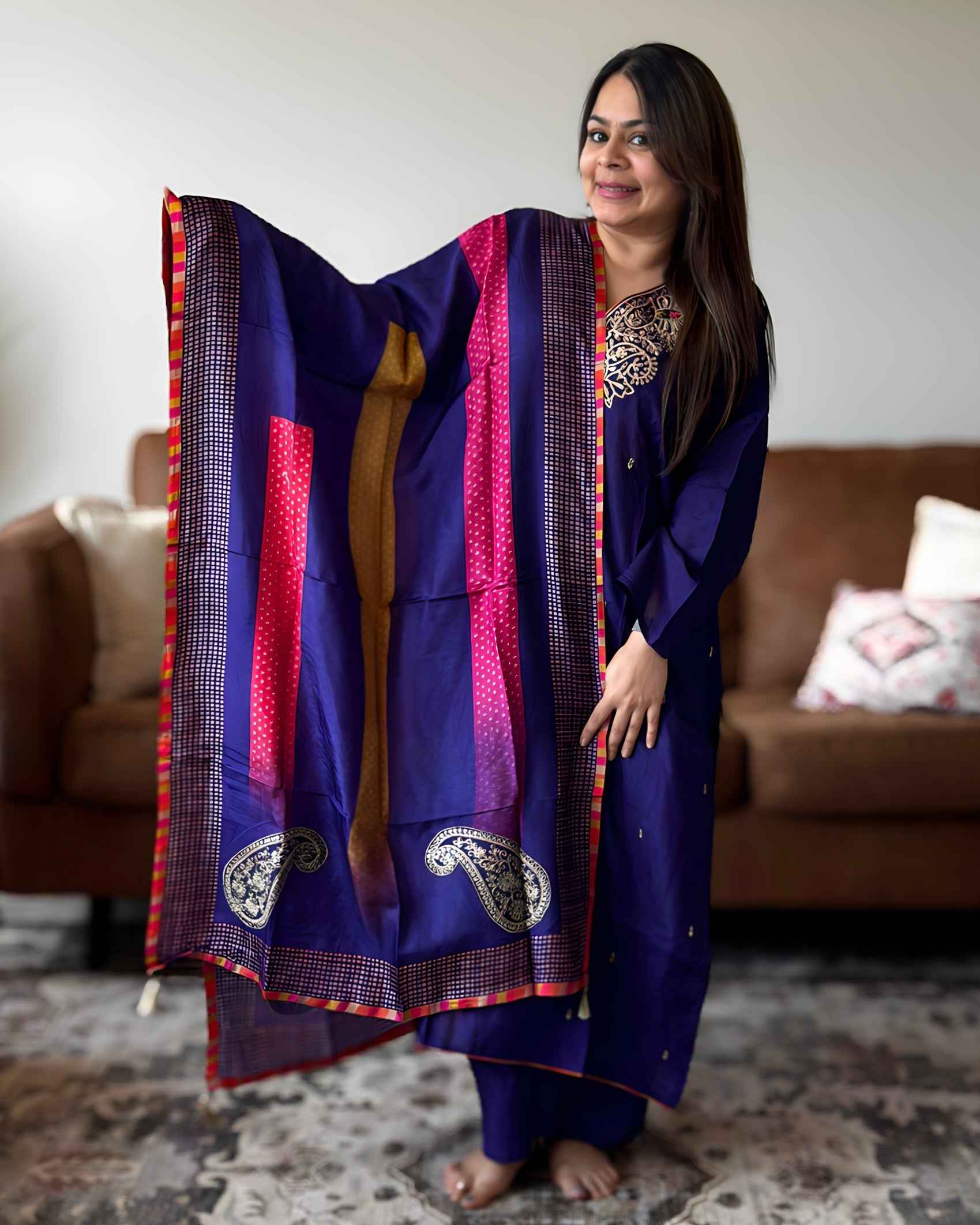 Purple Golden Work Russian Silk A-Line Kurta Set with Banarasi Dupatta | V-Neck Festive Wear